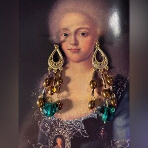 Gold Teardrop Dangle Earrings with Crystal Accents in green and bronze